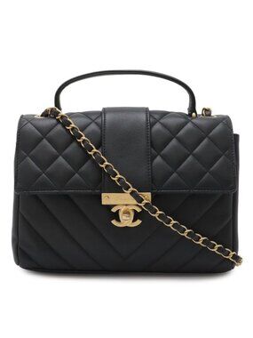 Chanel Quilted Stitch Top Handle 2-Way Chain Shoulder Bag Leather Black Gold